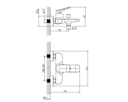 AQM6512GM Como Смеситель для ванны однорычажный, с душевым набором, 3 режима, серый матовый AQUAme