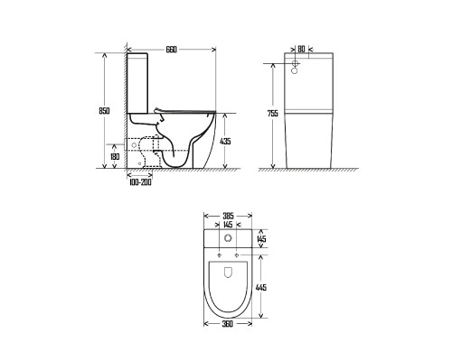 AQM1002 Унитаз напольный Rimless c сиденьем SoftClose, горизонтальный выпуск. 660x360x435мм AQUAme