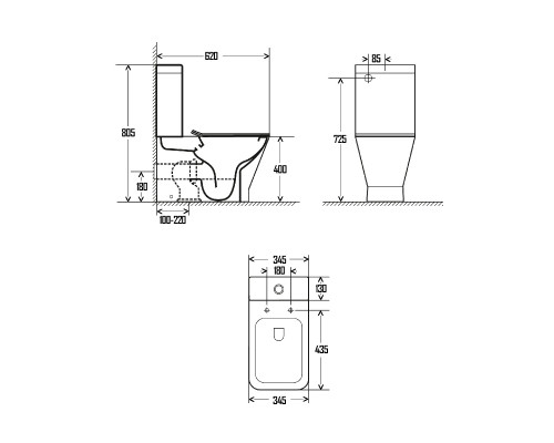 AQM1005 Унитаз напольный Rimless c сиденьем SoftClose, горизонтальный выпуск. 620x345x415мм AQUAme