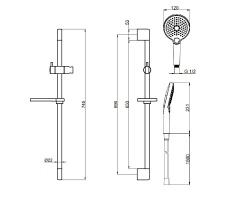AQM8101GM Душевой гарнитур H=790мм, Ø120 мм, 3 режима, мыльница, шланг 1500мм, Gun Metal AQUAme