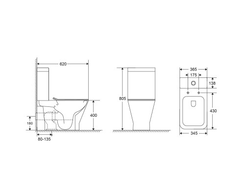 AQM1006 Унитаз напольный Rimless c сиденьем SoftClose, горизонт. выпуск, open back, 610x340x415мм AQUAme