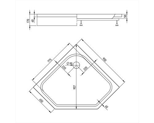 Поддон Alex Baitler AB9017V-1 пятиугольный в сборе (900x900x170)