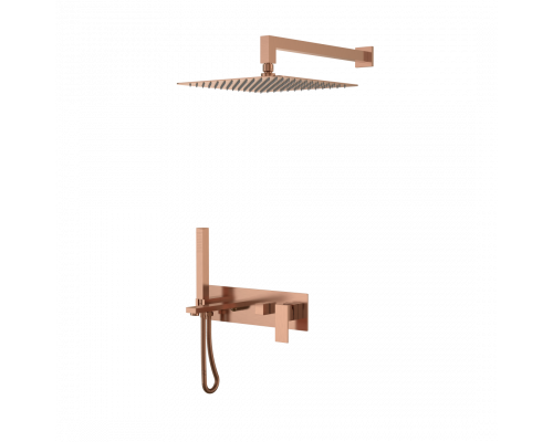 Смеситель встроенный + верхний+ ручной душ Qubic Brushed Bronze с изливом