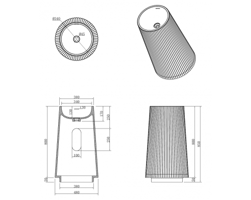 Раковина напольная рифленая Torre Corian 480*480*850 Matt White