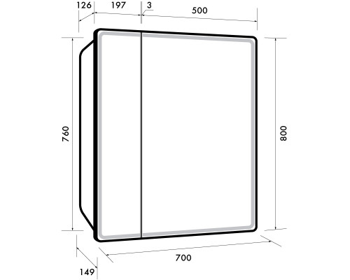 Шкаф зеркальный POINT, 70 см, 2 дверцы, 2 стеклянные полки, инфракрасный выключатель, LED-подстветка, розетка, белый Dreja