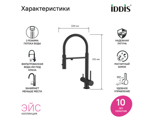 Смеситель для кухни с фильтром и гибким изливом, черный матовый, Эйс (Ace), IDDIS, ACEBLFFi05