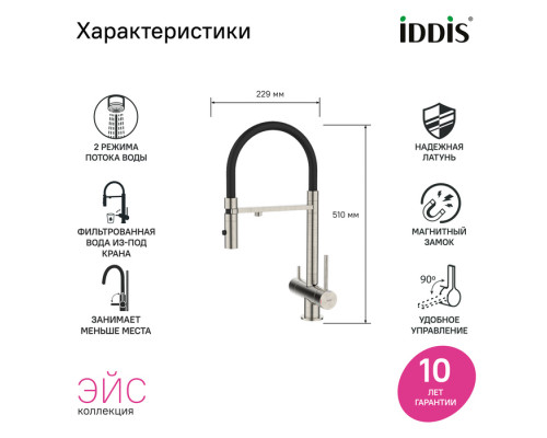 Смеситель для кухни с фильтром и гибким изливом, сатин, Эйс (Ace), IDDIS, ACEBNFFi05