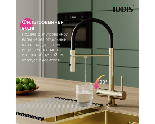 Смеситель для кухни с фильтром и гибким изливом, матовое золото, Эйс (Ace), IDDIS, ACEMGFFi05
