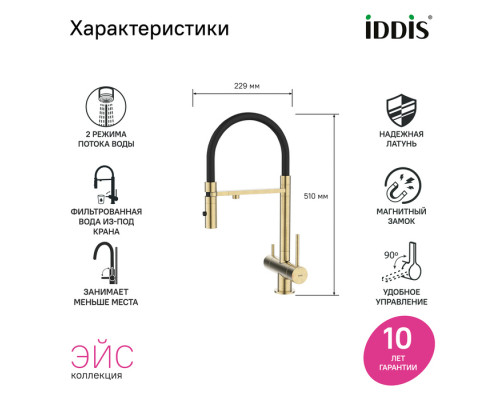 Смеситель для кухни с фильтром и гибким изливом, матовое золото, Эйс (Ace), IDDIS, ACEMGFFi05