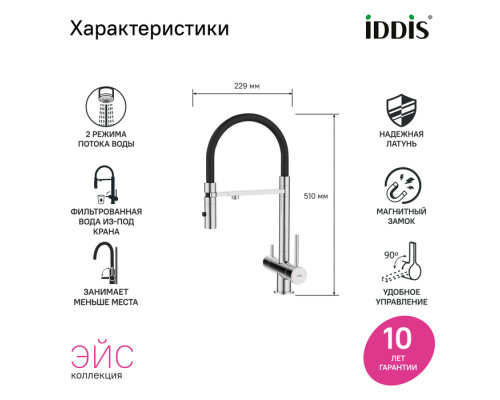 Смеситель для кухни с фильтром и гибким изливом, хром, Эйс (Ace), IDDIS, ACESBFFi05
