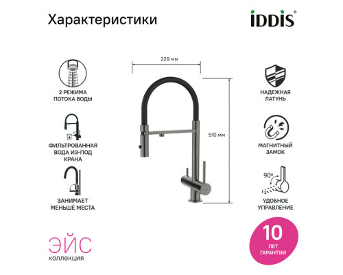 Смеситель для кухни с фильтром и гибким изливом, графит, Эйс (Ace), IDDIS, ACEGMFFi05