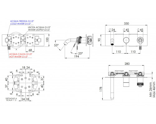 Смеситель для ванны Remer Atelier AL54D2BG, золото брашированное