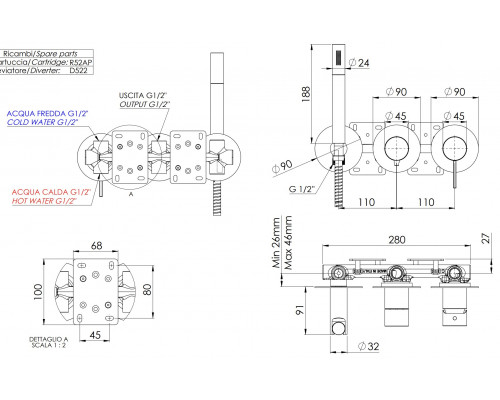 Смеситель для душа Remer Metrica MC97D2PRP, медь брашированная
