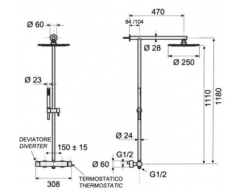 Душевая система термостатическая Remer X Style INOX SSXT37UFM25, нержавеющая сталь
