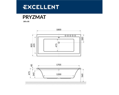 Ванна EXCELLENT Pryzmat 180x80 "NANO" (золото)