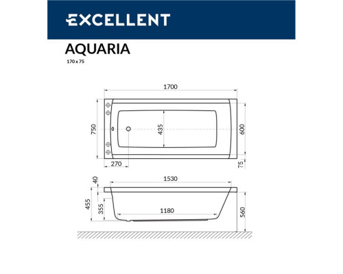 Ванна EXCELLENT Aquaria 170x75 "LINE NANO" (хром)