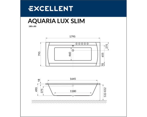 Ванна EXCELLENT Aquaria Lux Slim 180x80 "ULTRA" (хром)