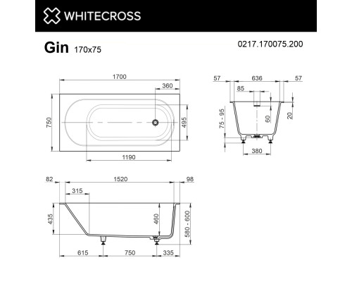 Ванна WHITECROSS Gin 170x75 (белый мат) "ULTRA" (белый)