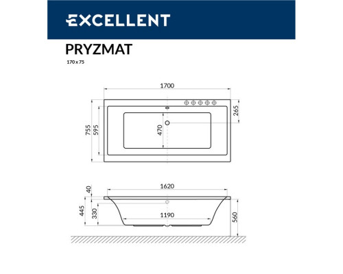 Ванна EXCELLENT Pryzmat 170x75 "SMART" (бронза)