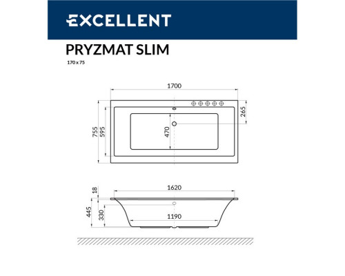 Ванна EXCELLENT Pryzmat Slim 170x75 "SOFT" (золото)