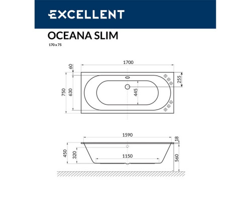 Ванна EXCELLENT Oceana Slim 170x75 "ULTRA" (хром)