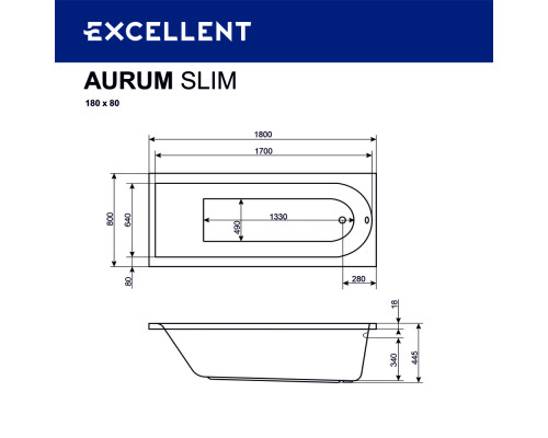 Ванна EXCELLENT Aurum Slim 180x80 "LUX" (хром)