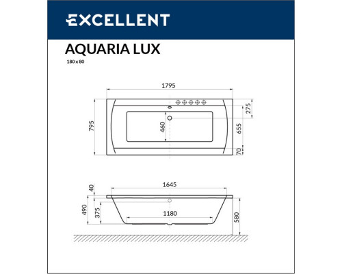 Ванна EXCELLENT Aquaria Lux 180x80 "SOFT" (хром)