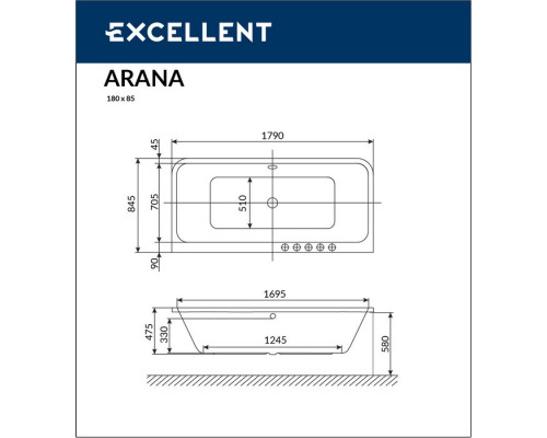 Ванна EXCELLENT Arana 180x85 "ULTRA" (хром)