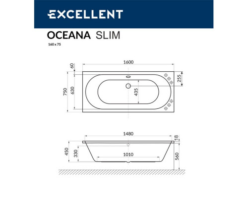 Ванна EXCELLENT Oceana Slim 160x75 "SOFT" (хром)