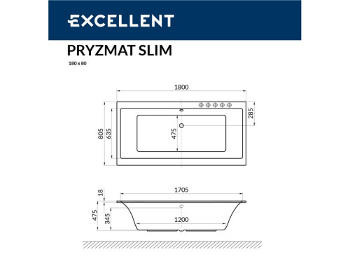 Ванна EXCELLENT Pryzmat Slim 180x80 "SOFT" (золото)