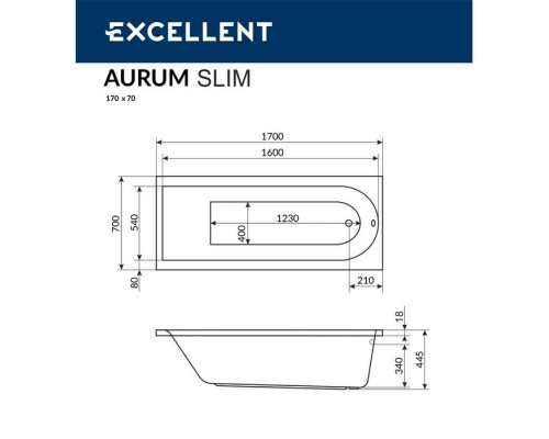 Ванна EXCELLENT Aurum Slim 170x70 "AERO" (хром)