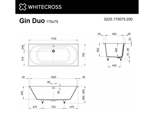 Ванна WHITECROSS Gin Duo 170x75 (белый мат) иск. камень