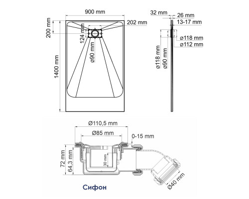 Elbe 74T36 Душевой поддон WasserKRAFT 140x2,6x90